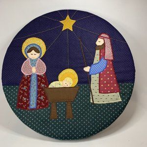 Vtg Embroidery Christmas Nativity Scene Wooden Round Ring 15" Diameter Handmade